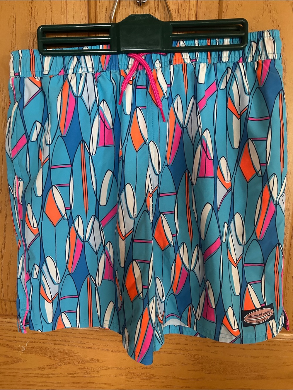 Vineyard Vines Boys Aqua Blue Surfboard-Print Swim Trunks with Pink Drawstring